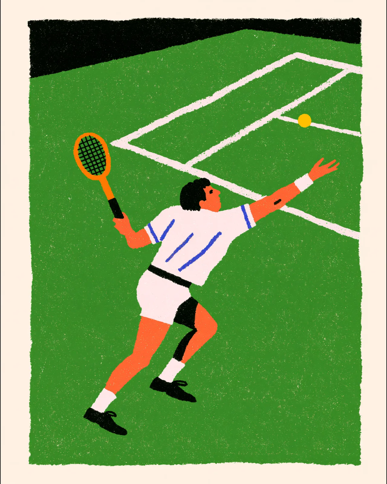 A stylized tennis racket striking a ball