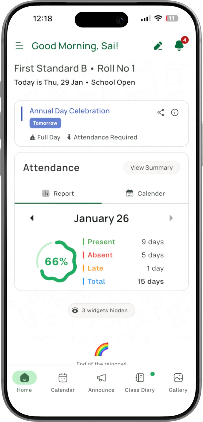 Arc parent dashboard showing today’s event, attendance summary and announcements